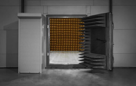 A view of the door and inside of an anechoic EMC test chamber - Built and project managed by Arcsus Engineering
